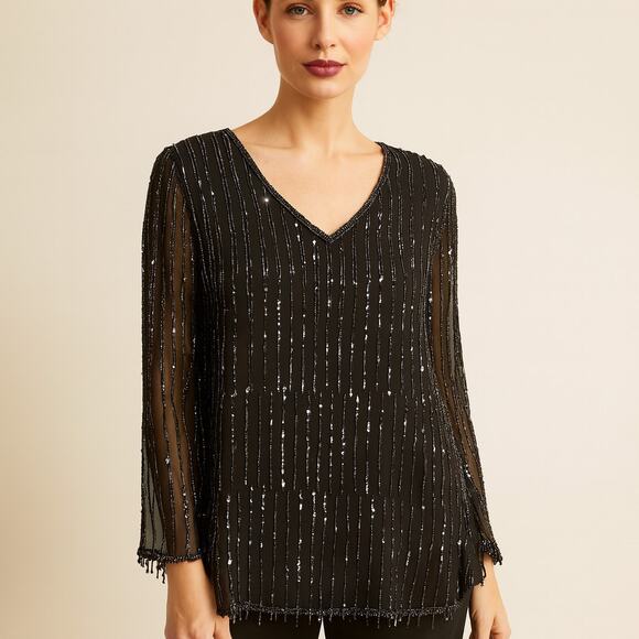 Papell Studio SZ M 100% Silk Beaded V-Neck Blouse Black - Picture 1 of 7